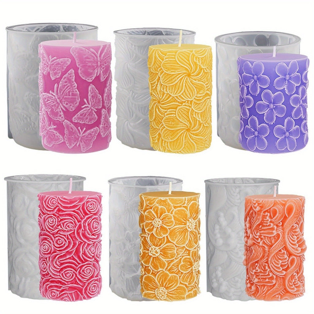 6 Piezas de Moldes de Silicona para Velas, Moldes de Resina en Forma de Cilindro y Pilar de Flores 3D para Hacer Velas, Moldes para Fundición de Resina y Manualidades DIY, Velas 3D, Aromaterapia, Decoración de Yeso y Adornos para el Hogar