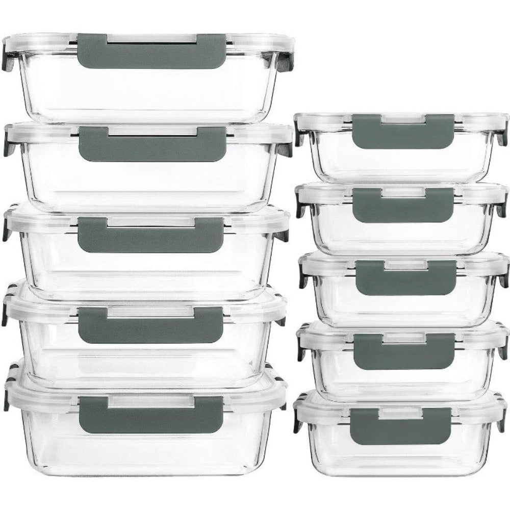 Juego de 20 recipientes de vidrio para almacenar alimentos, 10 recipientes, 10 tapas transparentes, aptos para lavavajillas, microondas y congelador, a prueba de fugas