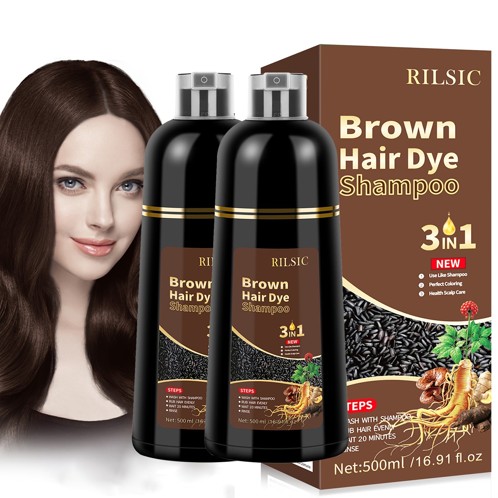 Champú tinte para el cabello 3 en 1 color castaño oscuro, 2 piezas, fórmula herbal natural que cubre el 100 % de las canas para mujeres y hombres, champú de color castaño oscuro de larga duración para teñir en minutos, champú instantáneo para canas de 16.
