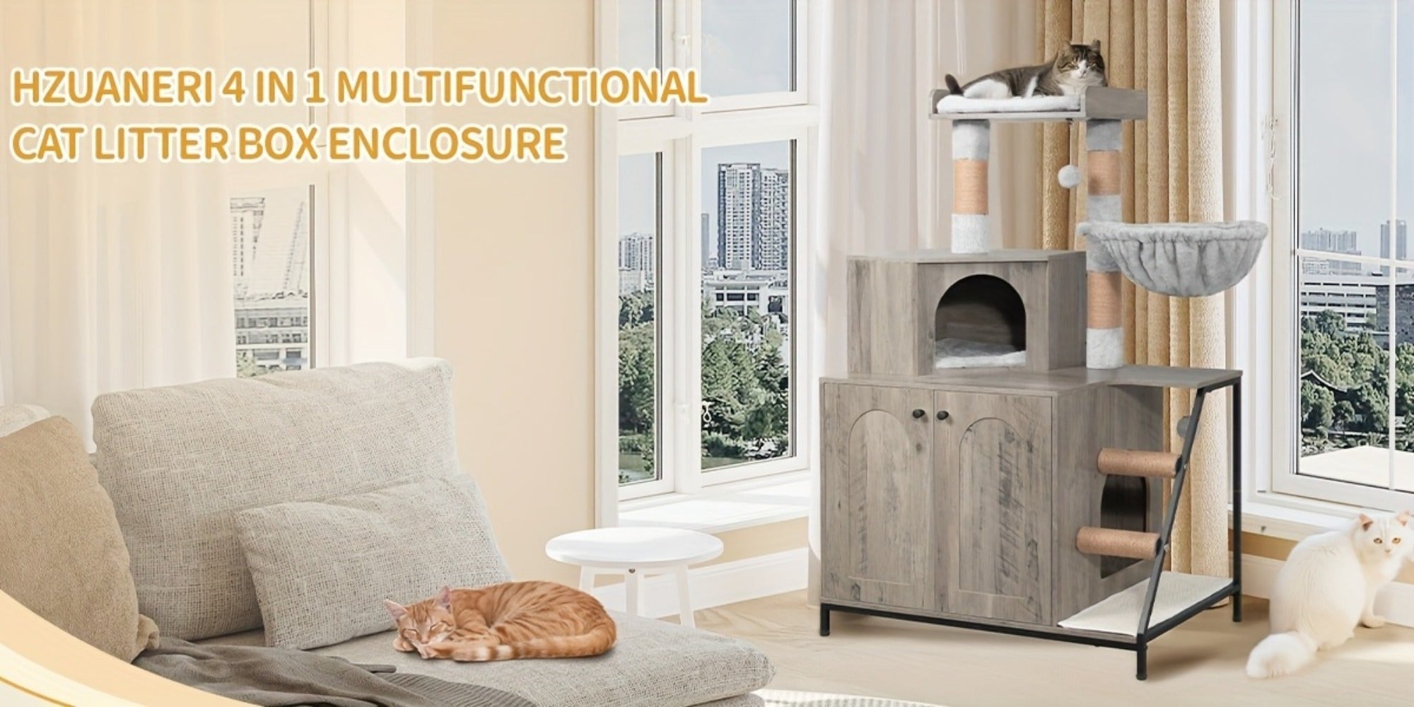 Árbol para Gatos con Armario de Letrero, Armario para Gatos, Casa Moderna 4-en-1 con Plataforma Grande, Casa para Gatos con Alfombra Rascadora de Sisal, Postes y Pompones, Cojines Lavables