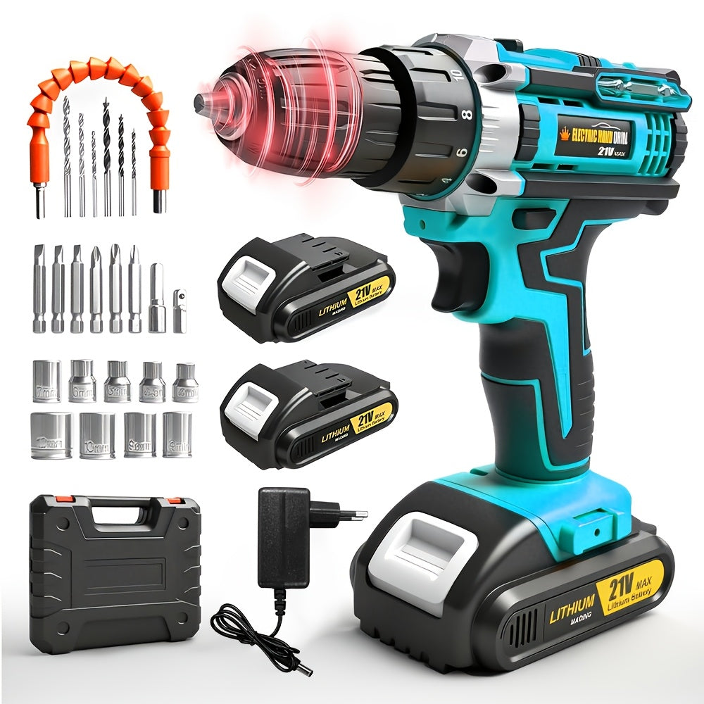 Juego de taladro inalámbrico. El nuevo taladro está equipado con un portabrocas sin llave de 3/8 de pulgada y una luz de trabajo. Tiene las funciones de un taladro de pistola T y un destornillador eléctrico ideal para proyectos domésticos. Con un diseño e