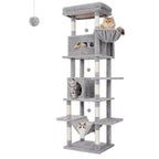 Rascador grande, árbol para gatos de 210 cm, con 8 postes rascadores, posadero, 2 cuevas, tapete lavable, hamaca, pelotas de felpa, rascador de varios pisos para gatos grandes, gris claro, gris oscuro