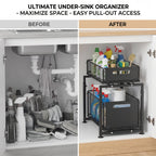 Organizador de 2 niveles para debajo del fregadero, cajones extraíbles, acero al carbono, almacenamiento para cocina y baño, almacenamiento deslizante sin taladrar para cocina, altura ajustable, , gran capacidad de carga