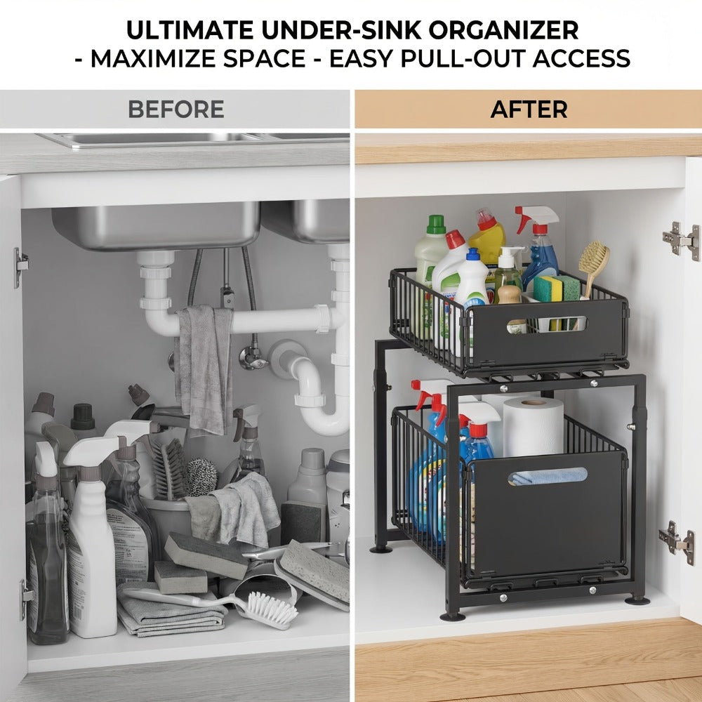 Organizador de 2 niveles para debajo del fregadero, cajones extraíbles, acero al carbono, almacenamiento para cocina y baño, almacenamiento deslizante sin taladrar para cocina, altura ajustable, , gran capacidad de carga