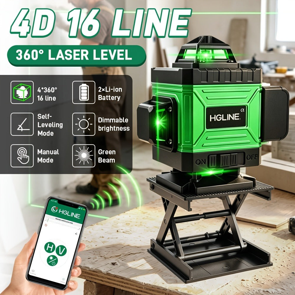 1 Juego de Nivel Láser de 16 Líneas con Nivelación Automática de 360°, Herramienta de Nivel Láser de Línea Cruzada Verde 4X360° para Construcción y Colgar Cuadros, Nivel Láser 4D con 2 Baterías Recargables
