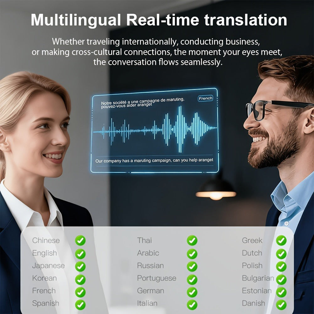 Gafas Inteligentes con IA que brindan traducción en tiempo real en 160 idiomas, sistema Chat GPT, auriculares inalámbricos Hifi, altavoces estéreo duales, control táctil, carga USB Tipo-C, micrófono incorporado, llamadas de voz de alta definición, reprodu