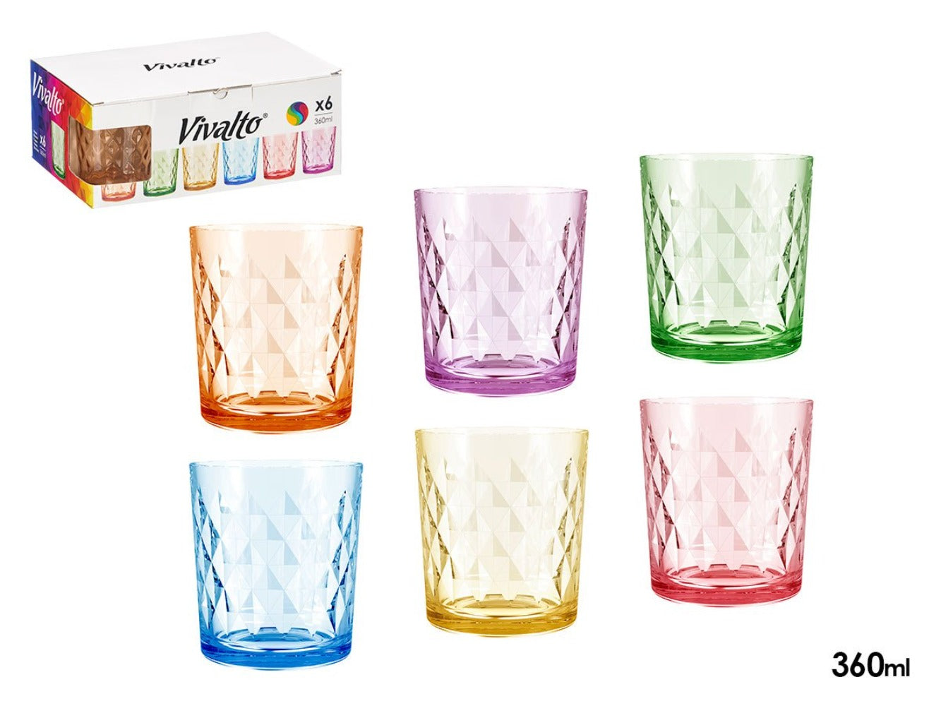 Juego de 6 Vasos de Vidrio, 360ml, Estilo Retro, Surtido de Colores Arcoíris, Ideales para Regalo de Navidad, Cócteles, Agua o Jugo, Vajilla Elegante para el Hogar