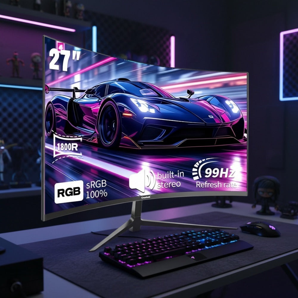 Monitor para juegos Gawfolk de 27 pulgadas, resolución 1080P (1920x1080), frecuencia de actualización ultrarrápida de 99Hz con altavoces integrados. Ideal para juegos y uso de oficina. Diseño de pantalla curva con puertos DisplayPort y HDTV. El regalo per
