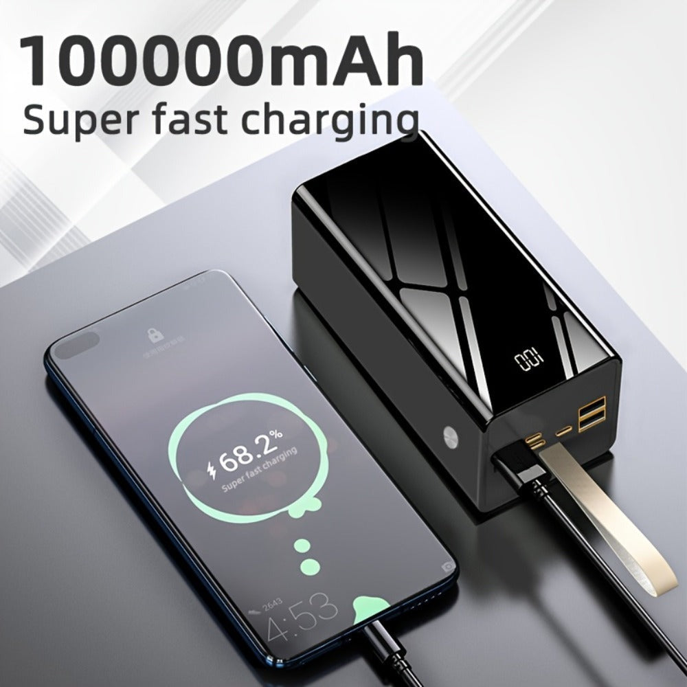 Batería Externa de 100000Mah | Ultra Alta Capacidad y Carga Segura | Pantalla LED y Correa de Cuero | Carga Rápida Multi-Dispositivo | Protección contra Sobrecalentamiento y Sobrecarga | para Android y iOS | Batería de Respaldo de Energía de Emergencia pa