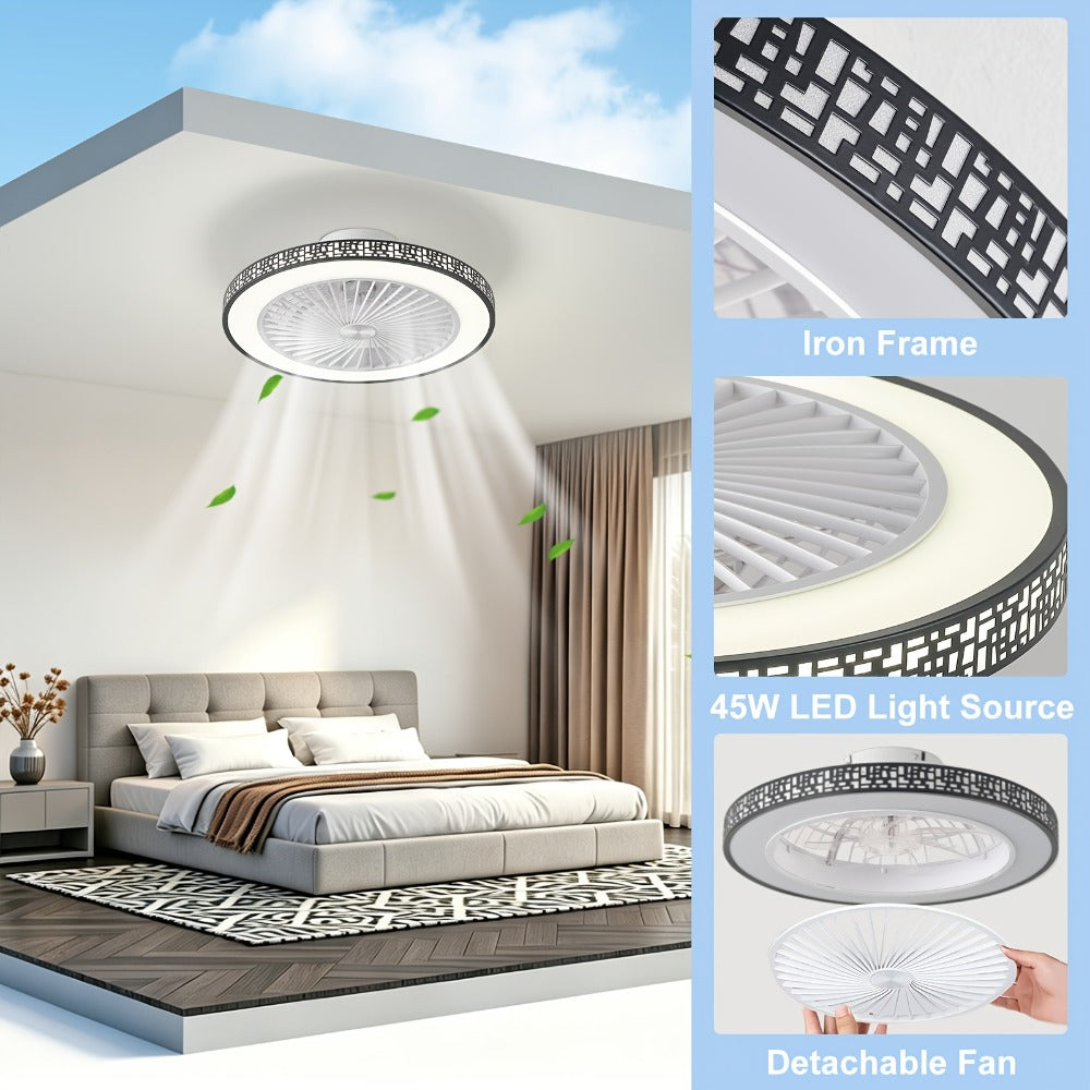 Ventilador de techo moderno de 48.26 cm con luz, 6 velocidades, reversible, de perfil bajo, ventilador de techo empotrado con luz LED regulable 3CCT, ventilador de techo con temporizador y control remoto para sala de estar, cocina, dormitorio y oficina