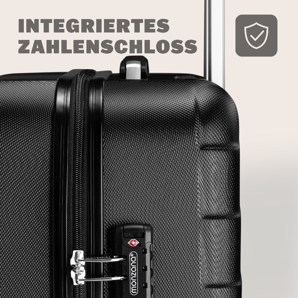 MONZANA® Juego de Maletas de 3 Piezas con Candado TSA, Maletas Rígidas en Tallas M-L-XL, Asas de Gel, 4 Ruedas Gemelas, Pies de Soporte, Maleta de Viaje con Ruedas – Negro, Azul o Champagne