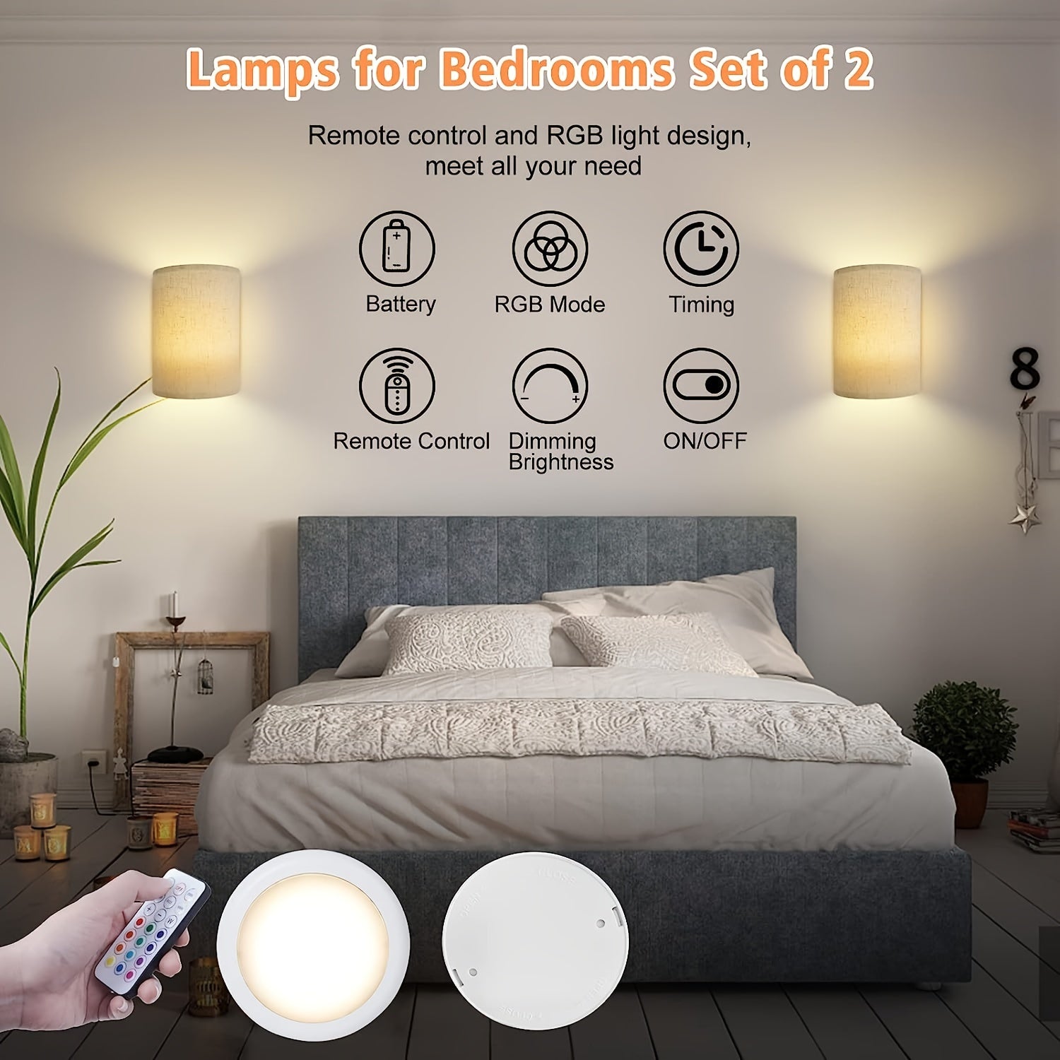 Aplique de pared para iluminación de pasillo, salón y dormitorio | Juego de 2 piezas y 2 piezas y control remoto