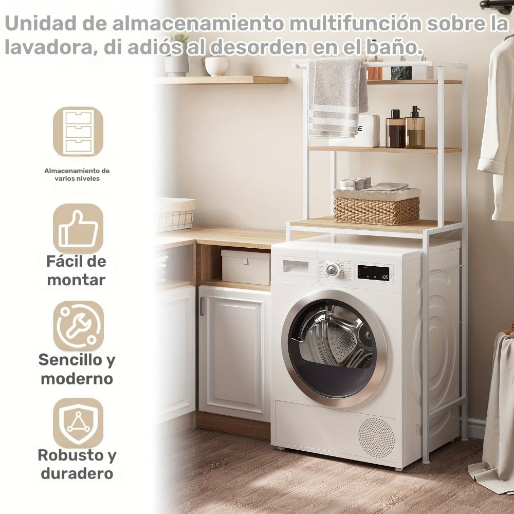 1pc Estante para Lavadora, Estante WC sobre la Lavadora, Armario de Lavadora, Armario de Baño, 3 Estantes, Toallero, Material Metal y Madera, 67x162x40cm
