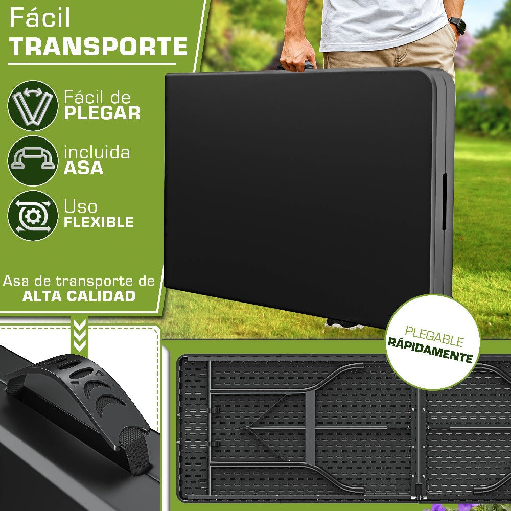 tillvex® Mesa de jardín plegable 180x75cm, resistente a la intemperie | Mesa de camping y buffet de plástico con asa | Para jardín, terraza, camping, balcón, 6 personas, negro