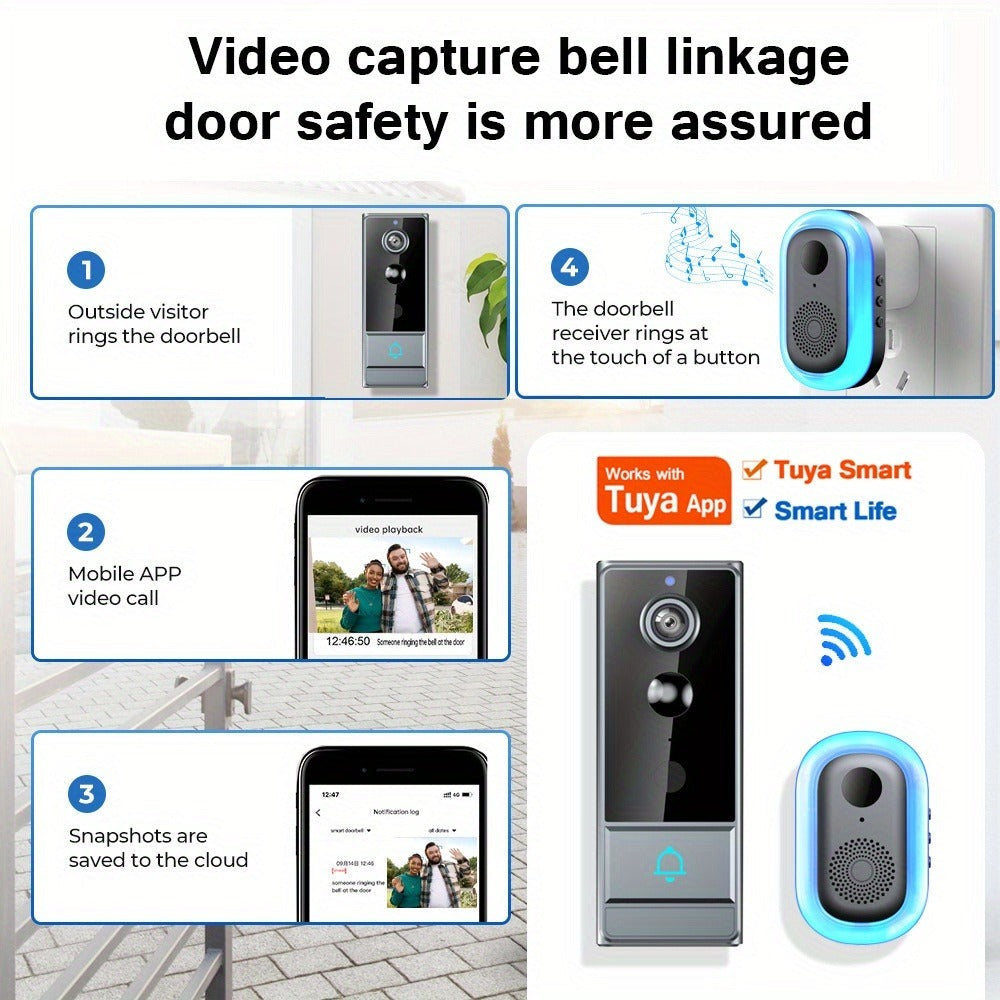 Timbre sin varillas, timbre de video inteligente, cámara de timbre inalámbrica con detección de personas PIR, timbre de seguridad WiFi con cámara, audio bidireccional, cambio de voz, foto y grabación, visión nocturna, timbre de video con 60 tonos, 5 nivel