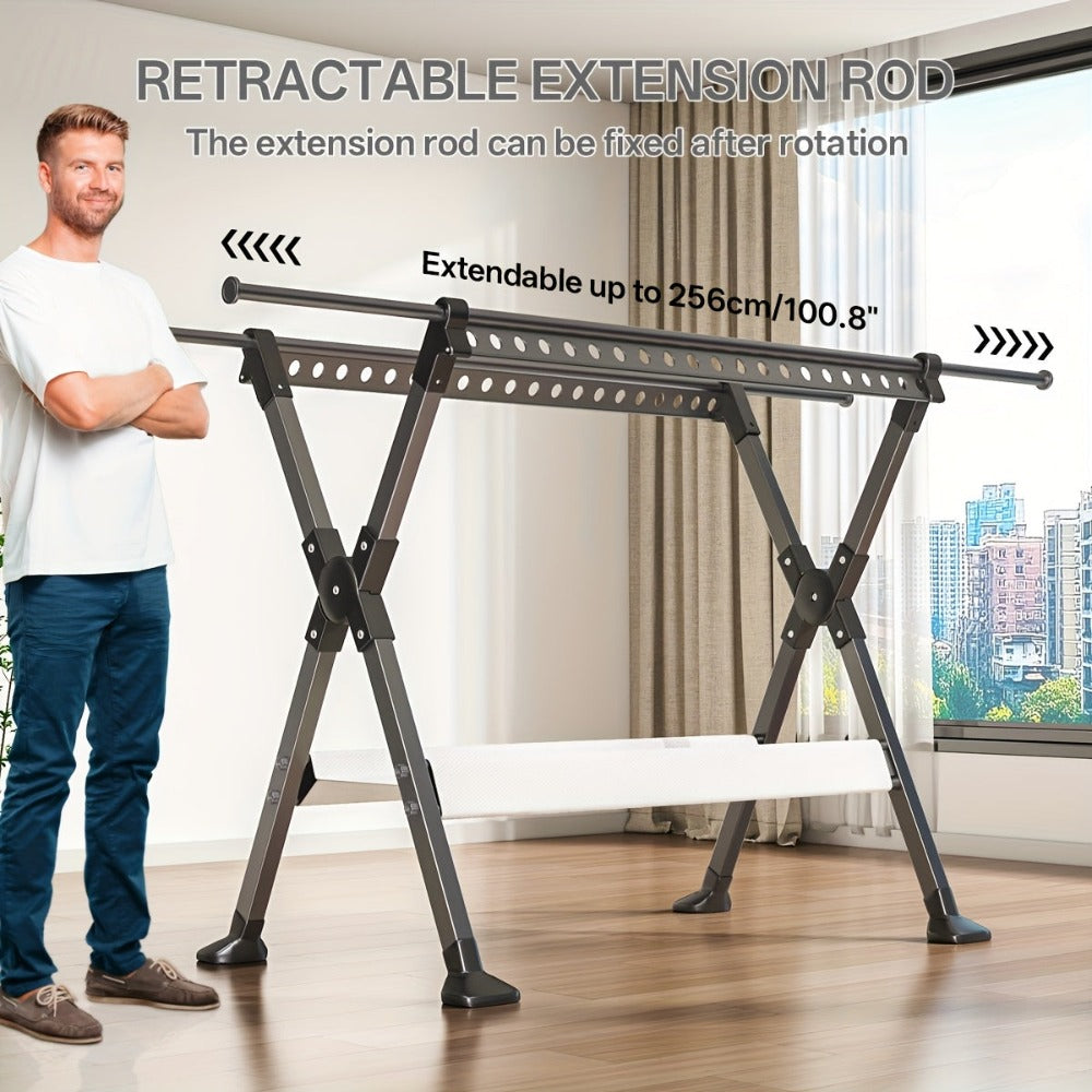 Tendedero de ropa robusto de acero inoxidable de 90 pulgadas, con longitud ajustable y ganchos resistentes al viento, un diseño de dos niveles que ahorra espacio, adecuado para uso tanto en interiores como en exteriores, tendedero de ropa telescópico, col