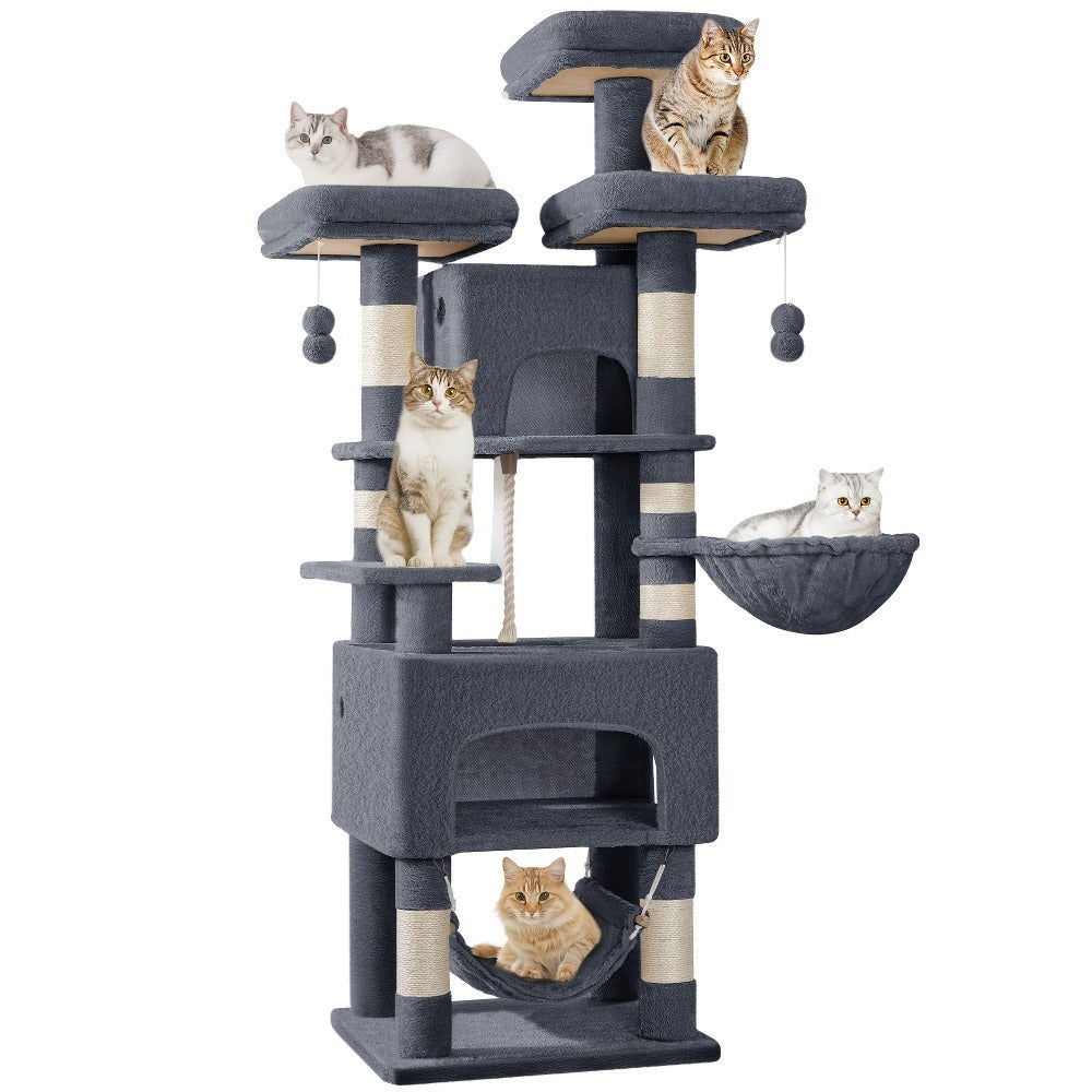 Árbol para gatos, Árbol para gatos de 176 cm, XL, 3 plataformas, 2 cuevas, 7 postes rascadores, hamaca, pelotas de felpa, poste rascador para gatos para hogares con múltiples gatos, Beige