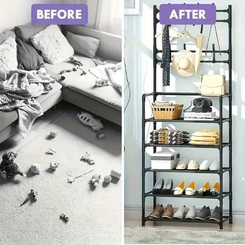 Organizador de Zapatos - Perchero Ahorrador de Espacio, Estante de 5 Niveles con 8 Ganchos, Estructura Robusta de Metal Dorado/Plástico, Diseño Independiente o Montado en Pared para Hogar, Oficina y Tienda - Ideal para Almacenar Zapatos, Abrigos, Sombrero
