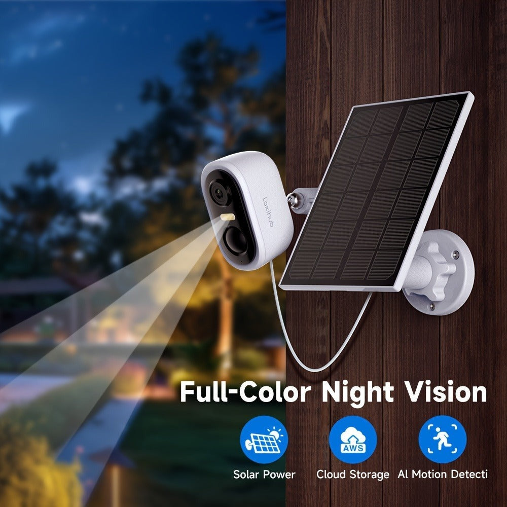 Cámara de seguridad inalámbrica para exteriores con energía solar Laxihub, resolución de video de 3MP, cámara CCTV alimentada por batería para seguridad en el hogar, alimentada por batería sin cables con energía solar, detección de movimiento con IA, foco