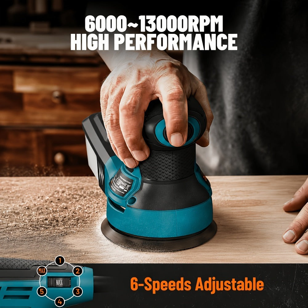 Lijadora orbital aleatoria de 385 W, 6 velocidades ajustables, 13000 RPM, 12 lijas, disco de 125 mm, extracción de polvo, ideal para madera y superficies