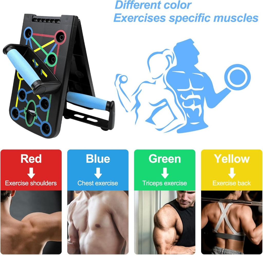 Tabla de flexiones multifuncional plegable，Entrenador de flexiones multifuncional plegable y portátil con asas antideslizantes y 2 bandas de resistencia. Diseño antideslizante, desmontable y fácil de guardar.barra de empuje para gimnasio en casa, manija d