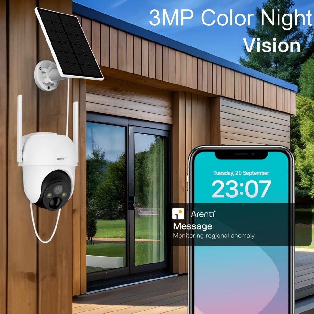 Cámara PTZ de baja potencia para exteriores de 3MP: Batería recargable de 5200Mah, detección humana, audio bidireccional (semiduplex), IP65, movimiento PTZ horizontal y vertical, visión nocturna a todo color, fuente de alimentación de panel solar (Kit GO2