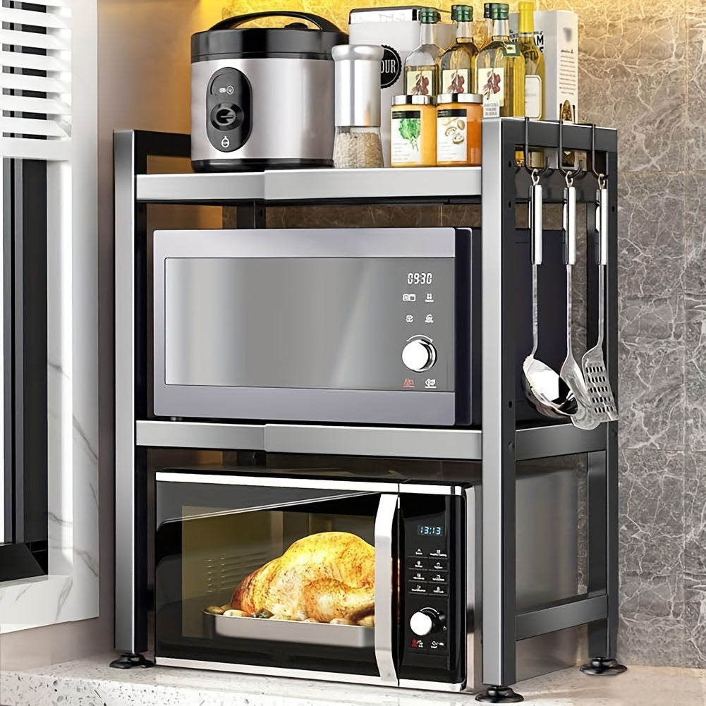 Estante de microondas resistente de 3 niveles ajustable, estante de almacenamiento horizontal para cocina, estante para guardar cubiertos, material de acero al carbono negro mate, equipado con 6 ganchos, artefacto de almacenamiento multifuncional de doble