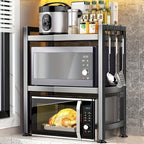 Estante de microondas resistente de 3 niveles ajustable, estante de almacenamiento horizontal para cocina, estante para guardar cubiertos, material de acero al carbono negro mate, equipado con 6 ganchos, artefacto de almacenamiento multifuncional de doble