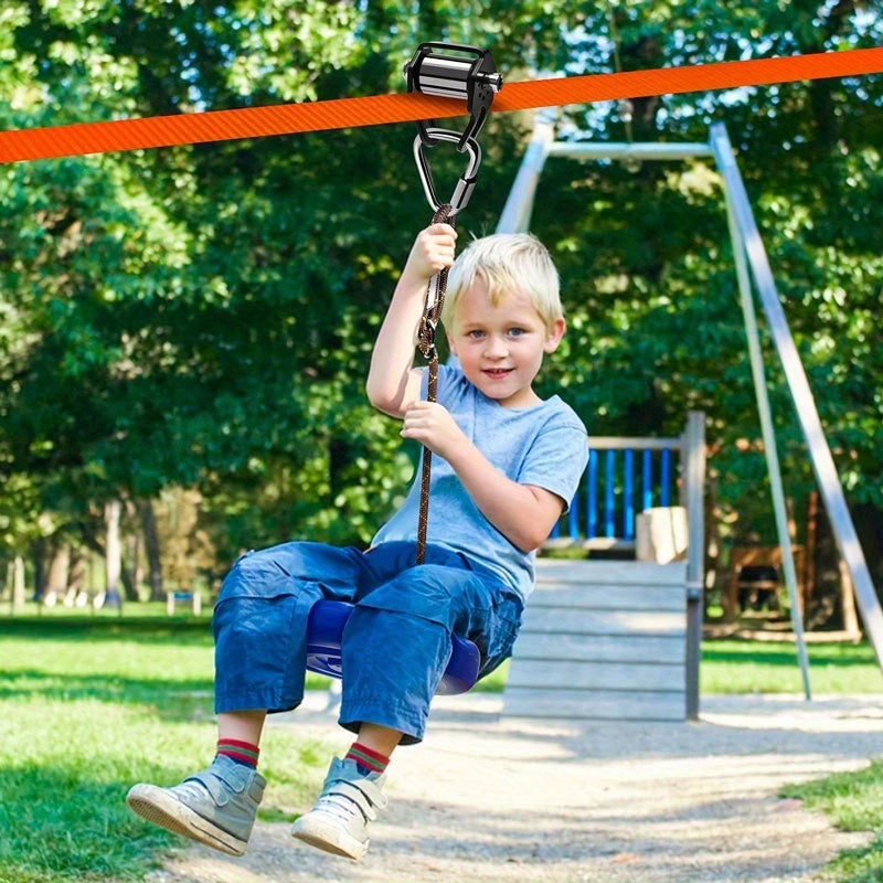 Colección de 9 piezas para ziplining en el patio trasero, que incluye un kit de tobogán de zipline para exteriores, una polea estrecha con un gancho triangular, un juego de cintas planas anaranjadas estrechas, un columpio azul de ABS, una bolsa de almacen