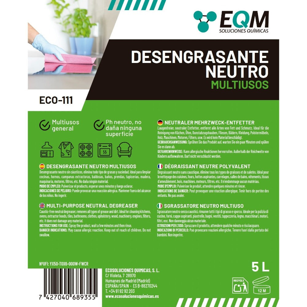 EQM - ECO-111 - Desengrasante Neutro Todo en Uno - 5L - Potente, Seguro y Respetuoso con todas las superficies - Hogar, industria, vehículos, barcos, hoteles, etc.
