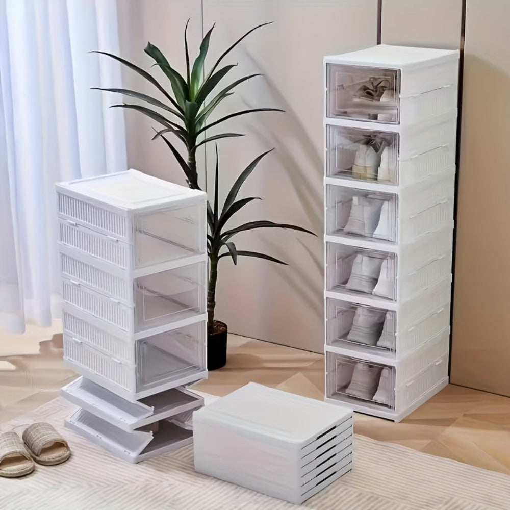 1pc Caja de Zapatos Plegable de 6/9 Niveles - Fácil de Instalar, Ahorro de Espacio - Caja de Almacenamiento Blanca Duradera, Diseño de Una Pieza, A Prueba de Polvo, Montaje Rápido, Ideal Para el Hogar, Dormitorio o Organización de la Entrada, Organizador