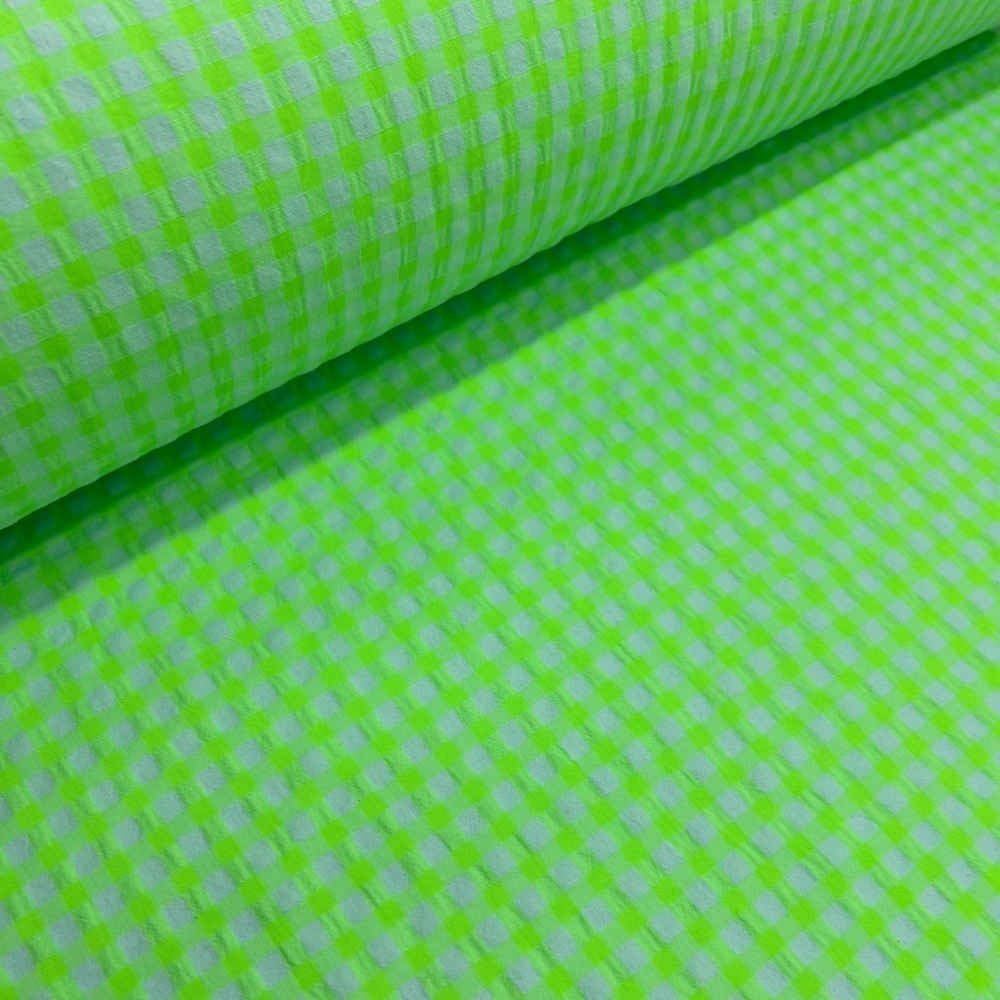 Tela Seersucker, 60% Algodón, 40% Poliéster Reciclado GRS, Camisería, Prendas Moda, Cuadros Vichy, verde Flúor