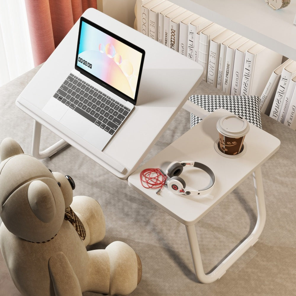 Mesa plegable para cama y sofá con altura ajustable de 5 niveles, bandeja con superficie ajustable y portavasos, mesa pequeña multifunción para ordenador, libros, trabajo y estudio en casa (56x32x25cm)
