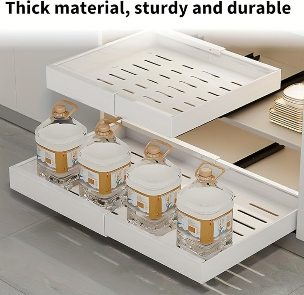 Organizador de gabinete extraíble, estante de almacenamiento resistente y expandible con cajones deslizantes, sin necesidad de taladrar, organizador para cocinas y baños, estante deslizable, extensible 31-52 cm (, blanco)