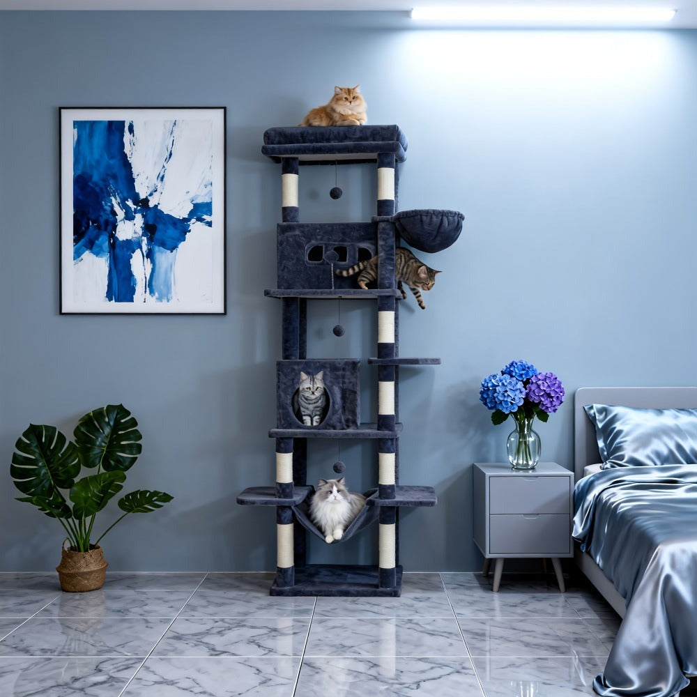 Árbol para Gatos de Interior, Torre Alta de 210 cm con Múltiples Niveles, Casa para Gatos, 8 Postes Rascadores, Hamaca y 4 Pompones