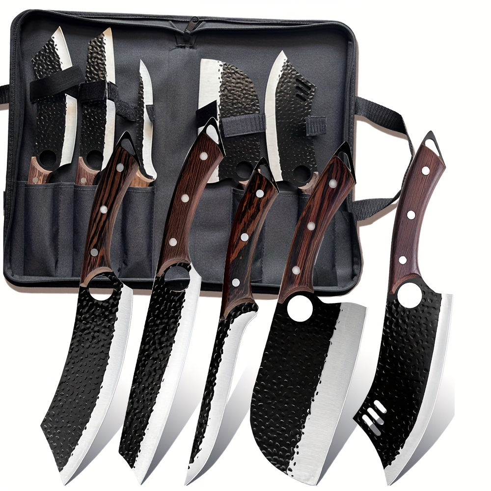 Juego de 5 Cuchillos de Carnicero Forjados a Mano - Juego de Cuchillos de Chef, Cuchillo de Carnicero, Cuchillo Deshuesador, Cuchillo de Carnicero, Cuchillo de Acero Inoxidable para Cortar Carne con Mangos Ergonómicos de Madera para Cocina en Casa, Juego