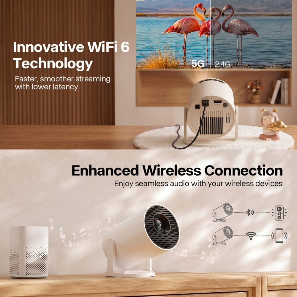 [Proyector Mini Portátil para el Hogar Magcubic HY300Pro] Nativo 720P, Compatible con 8K - 300ANSI - Enfoque Manual y Corrección Trapezoidal - Relación de Proyección 0.9:1 - Android 14 - Almacenamiento de 1GB RAM + 8GB ROM - Mini Proyector de Cine en Casa