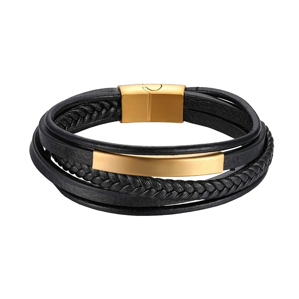 Pulseras de Cuero Genuino Trenzado Multinivel con Hebilla Magnética para Hombres - Estilo Punk