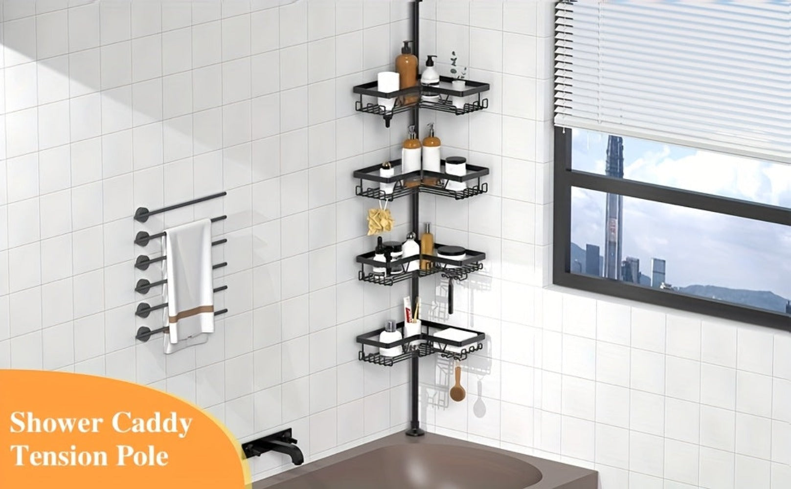 Un estante de esquina robusto y alto para el baño, un estante de esquina ajustable para la ducha que no requiere perforaciones, con un estante de almacenamiento negro de 4 niveles resistente al óxido, ideal para organizar áreas de ducha de esquina - Perfe