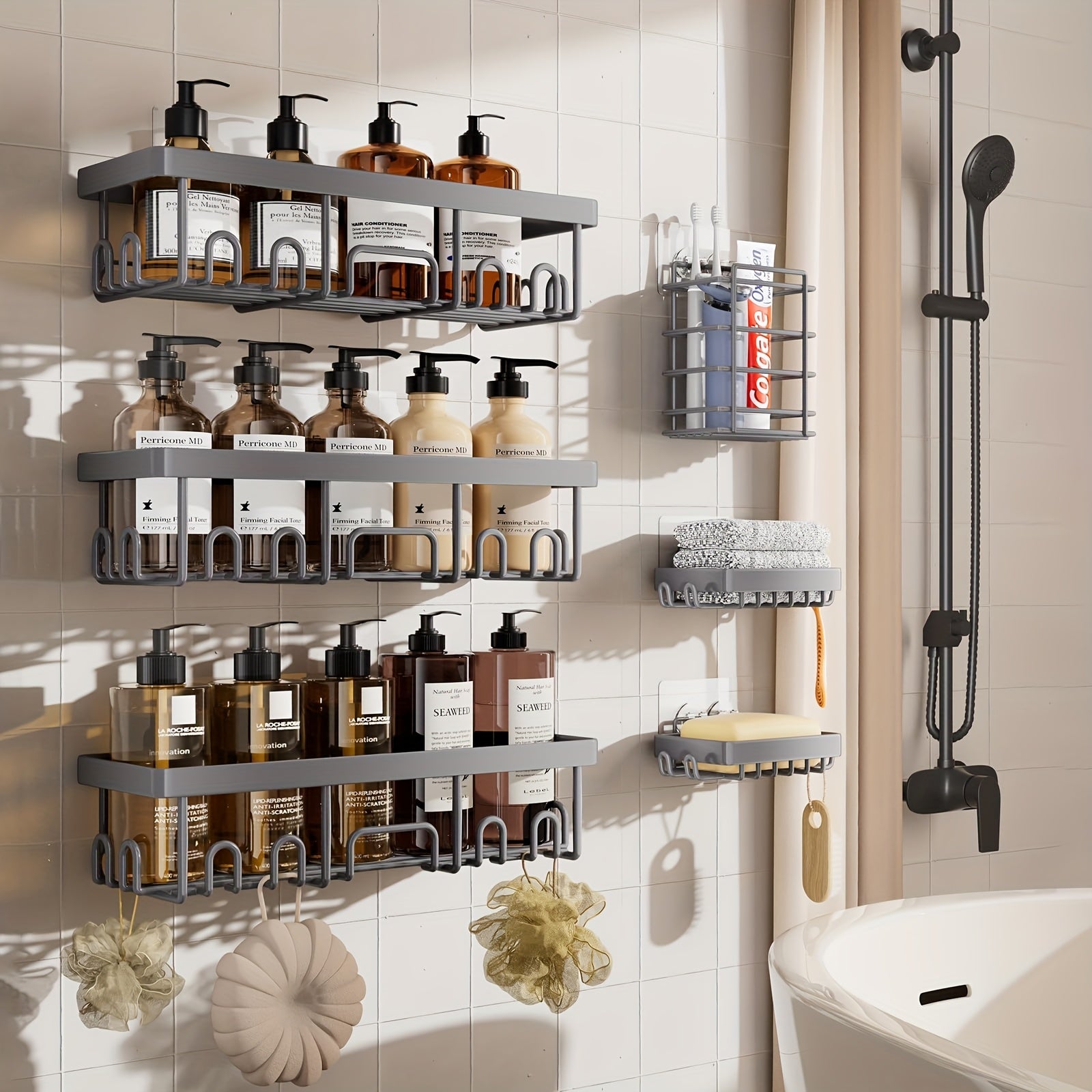 Juego de 6 organizadores de ducha, estantes negros para el baño, cestas de acero inoxidable para montaje en pared con adhesivo para dentro de la ducha, organizadores de ducha