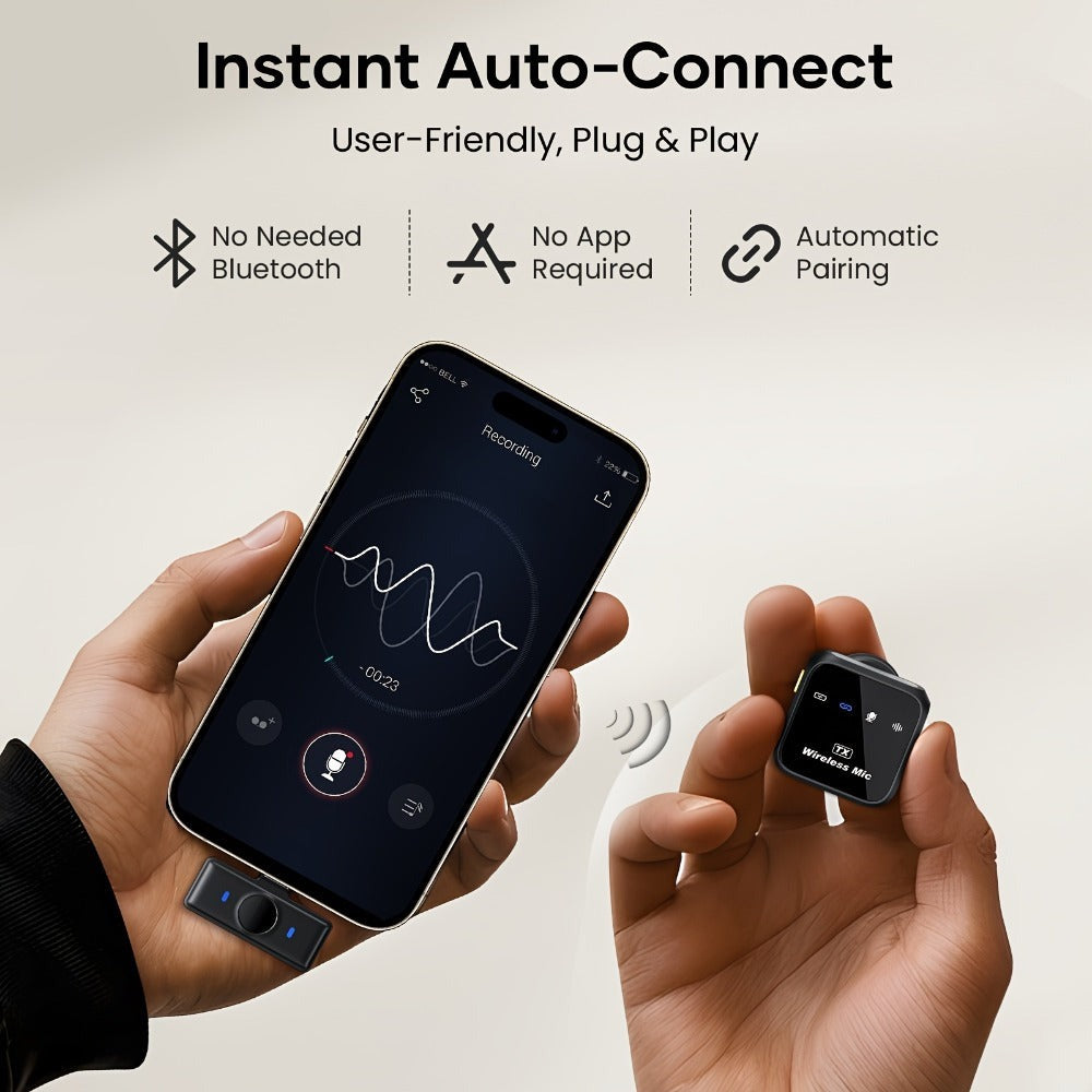 Micrófono Lavalier Inalámbrico para iPhone iPad Android con Estuche de Carga, 80H de Batería, Cancelación de Ruido, Alcance de 49.99 metros, Micrófono de Solapa con Clip Plug-Play para Grabación de Video, Vlog, Transmisión en Vivo