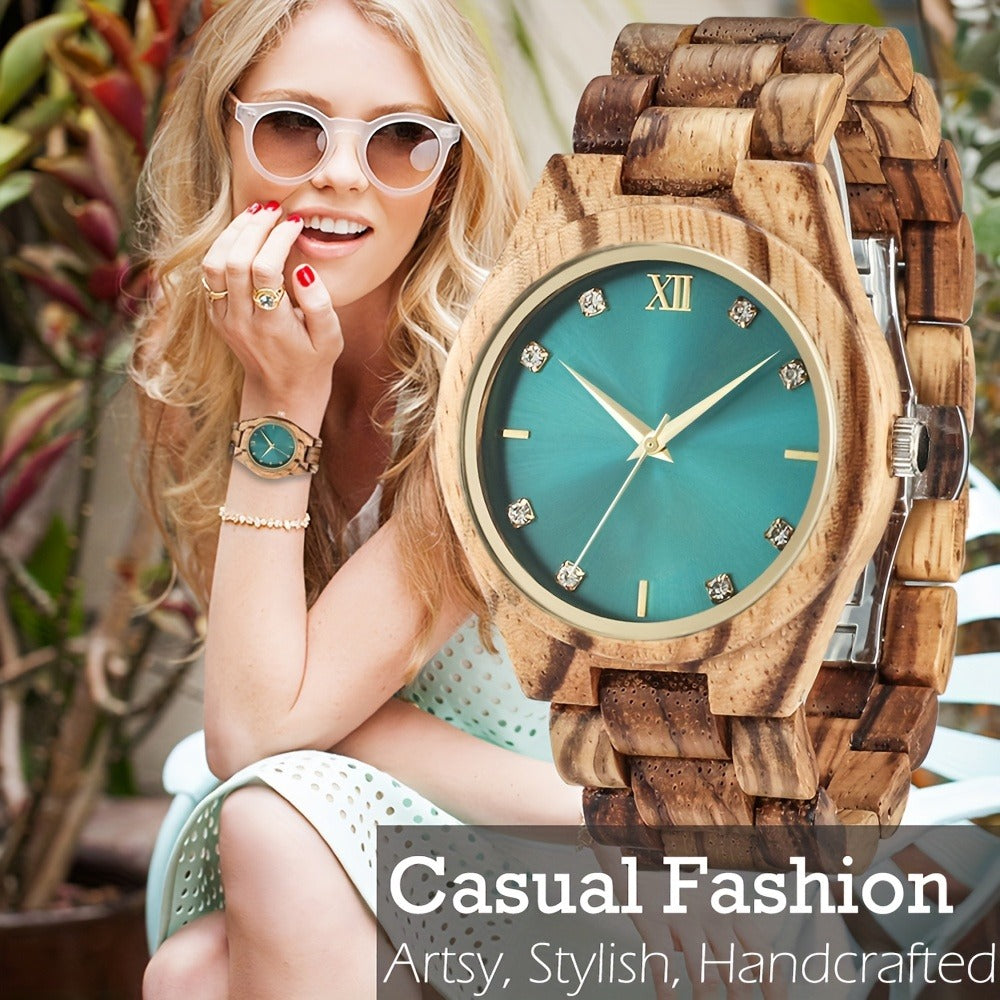 Relojes de pulsera de madera de lujo para mujer, estilo casual, con esfera simulada de diamantes de imitación, perfectos como regalo de aniversario