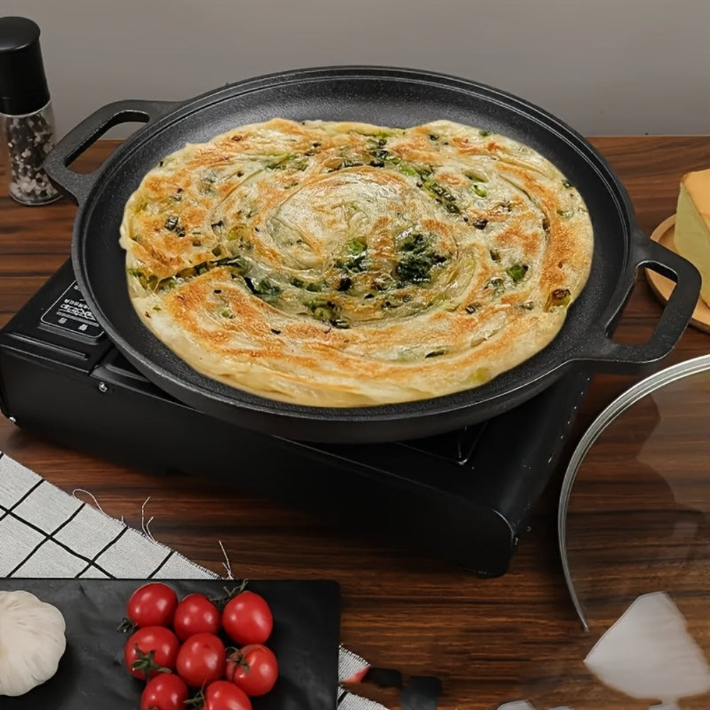 1 Sartén de Hierro Fundido con Doble Mango, Solo Lavado a Mano - Sartén Sin Recubrimiento, Ideal para Freír Panqueques, Dorar Filetes, Cocinar Huevos, Asar y Saltear - Perfecta para Cocinas Domésticas y Cocina al Aire Libre - No Requiere Electricidad