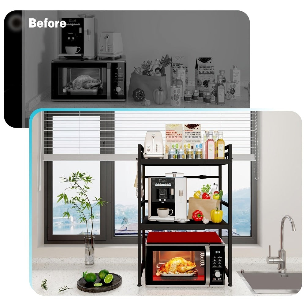 Estante Extensible de 3 Niveles para Microondas, Ancho Ajustable (40cm-64cm), Altura Ajustable, con 6 Ganchos y Soporte para Tabla de Cortar. Estante para Freidora de Aire, Estante para Microondas, Organizador de Cocina, Organizador de Encimera y Estante