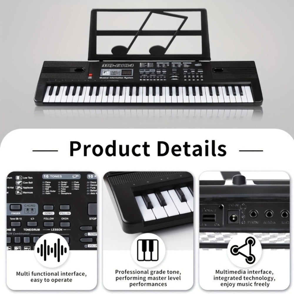 Piano electrónico de 61 teclas, piano ideal para principiantes, piano electrónico portátil, con 16 tonos, 8 efectos de sonido de percusión, 10 ritmos, 6 demostraciones, altavoces incorporados, sonido de alta calidad, es la mejor opción para entusiastas de