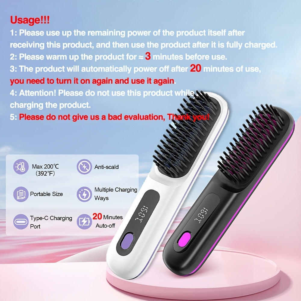 Plancha de pelo inalámbrica | Plancha de Cabello Inalámbrica, Calentamiento Rápido, Peine Alisador para Mujeres, Ligero, Puerto Tipo-C, Anti