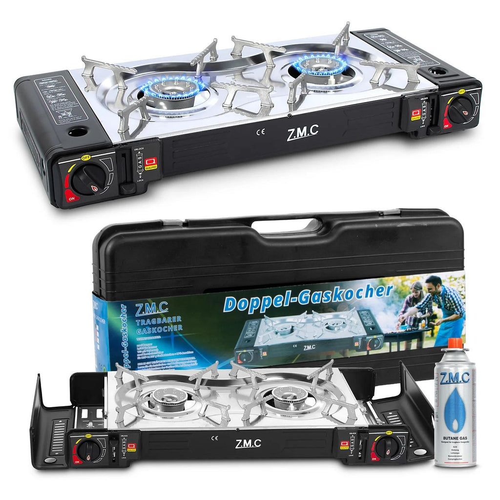 Estufa de Gas para Camping ZMC de 2 Quemadores con Adaptador LPG y Estuche de Almacenamiento – Estufa de Gas Doble con Potencia de 2.5 kW, Encendido Piezoeléctrico, Compatible con Cilindros de Gas Butano de 227g y Botellas de Gas LPG – Estufa de Gas Portá