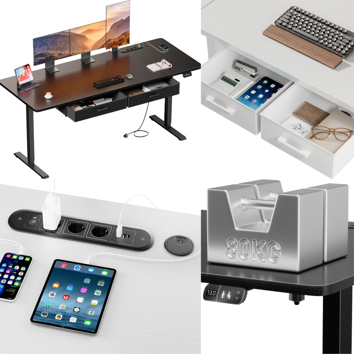 Escritorio de oficina eléctrico ajustable en altura, mesa de PC de oficina para juegos con enchufes incorporados, escritorio ajustable en altura para sentarse o estar de pie con 2 cajones de tela, escritorio grande, función de memoria, 5 tamaños