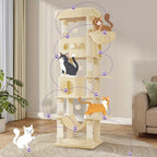 Torre para gatos de interior, 170 cm de alto, casa espaciosa de varios niveles con condominio, 8 postes para rascar, una hamaca y 4 pompones