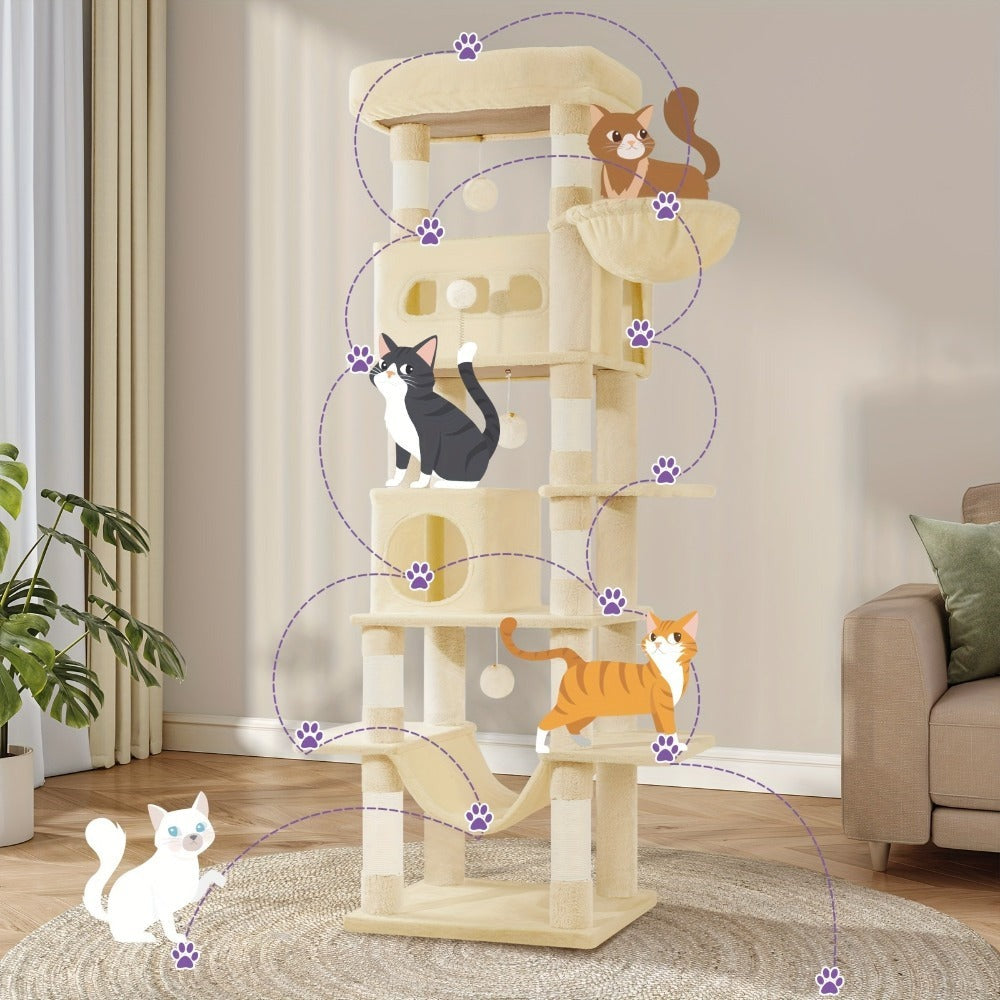 Torre para gatos de interior, 170 cm de alto, casa espaciosa de varios niveles con condominio, 8 postes para rascar, una hamaca y 4 pompones